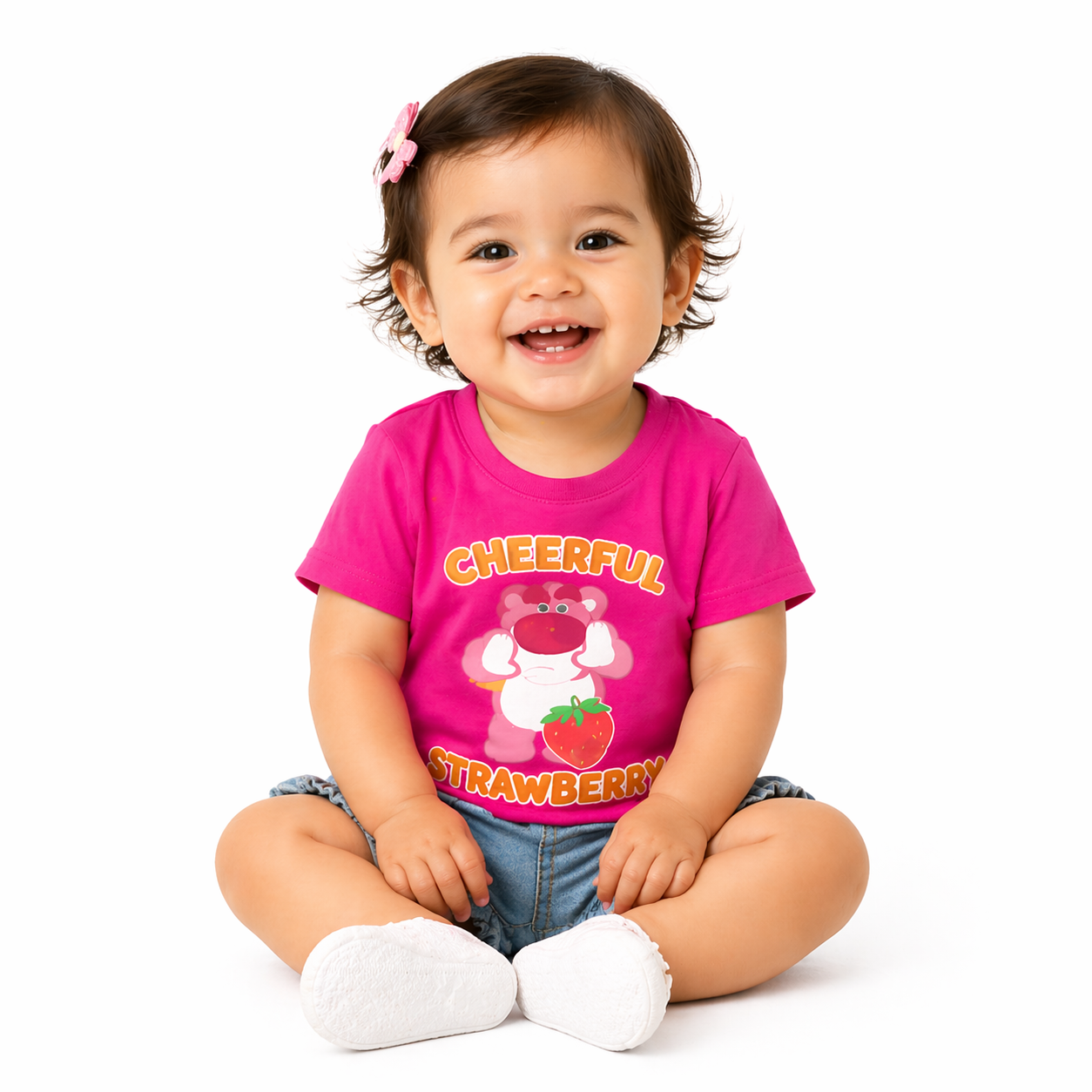 Girls pink strawberry cartoon T-shirt by Little Minors, cheerful summer tee for ages 1 to 14, featuring cute strawberry design.