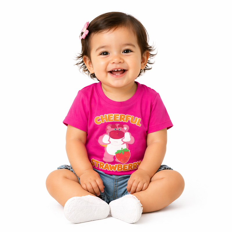 Girls pink strawberry cartoon T-shirt by Little Minors, cheerful summer tee for ages 1 to 14, featuring cute strawberry design.