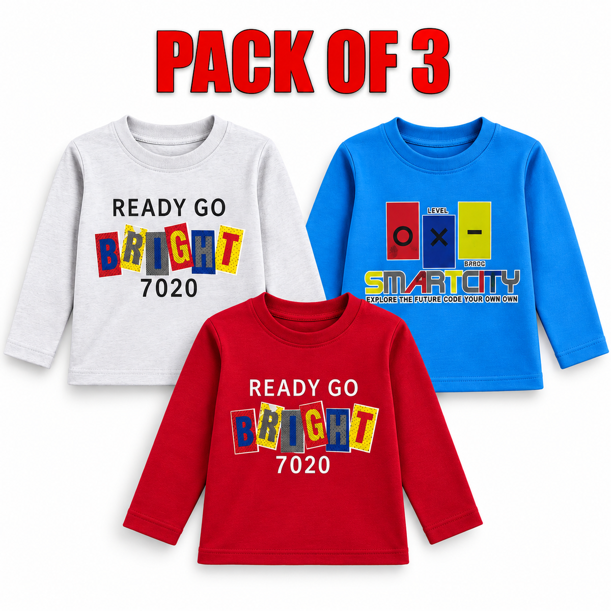 Pack of 3 Kids fleece  Full Sleeve T-Shirts – Printed Cotton Sweatshirts
