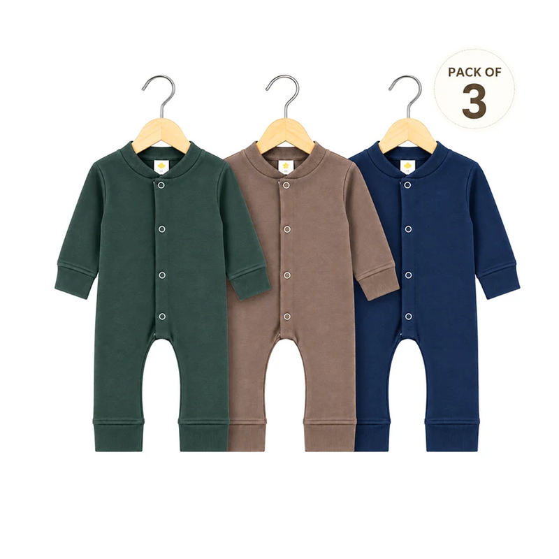 Baby boys winter rompers pack of 3, full sleeve fleece rompers in green, brown, and navy blue for cozy winter wear.