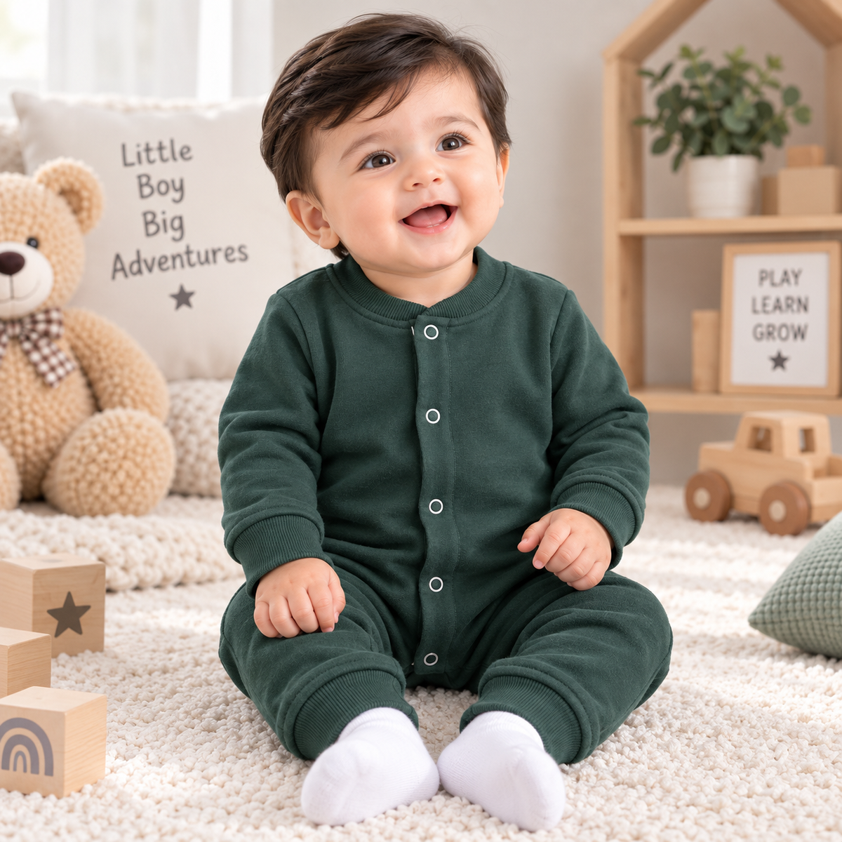 Baby boys winter rompers pack of 3, full sleeve fleece rompers in green, brown, and navy blue for cozy winter wear. - hover image