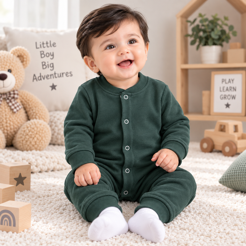 Baby boys winter rompers pack of 3, full sleeve fleece rompers in green, brown, and navy blue for cozy winter wear.
