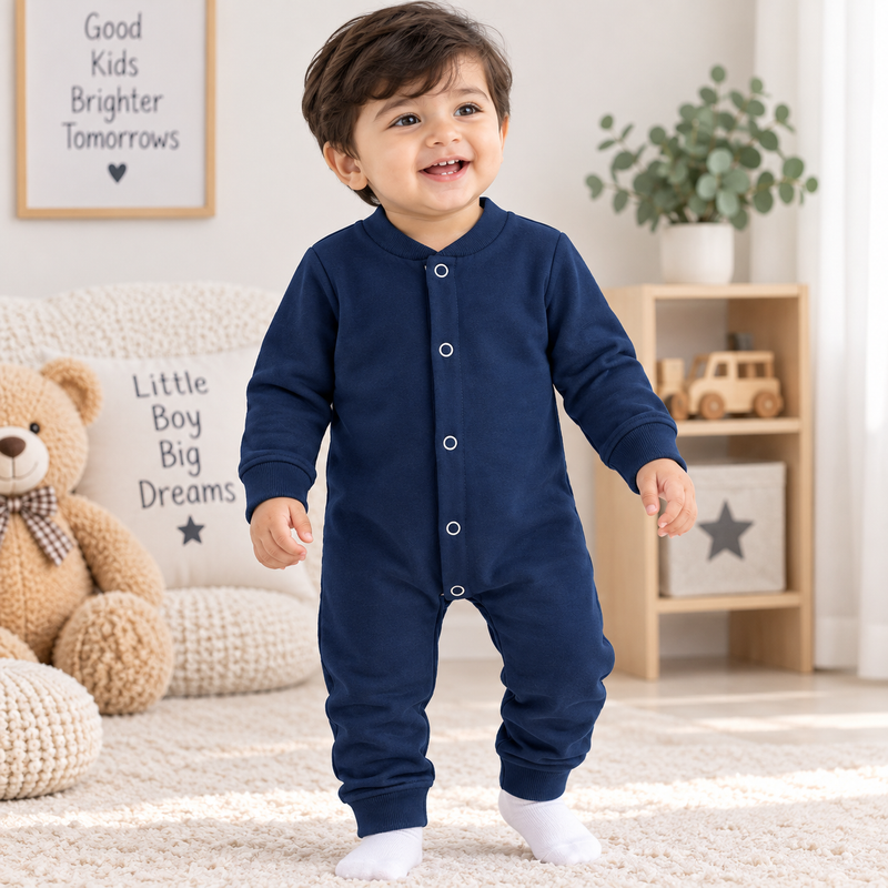 Baby boys winter rompers pack of 3, full sleeve fleece rompers in green, brown, and navy blue for cozy winter wear.