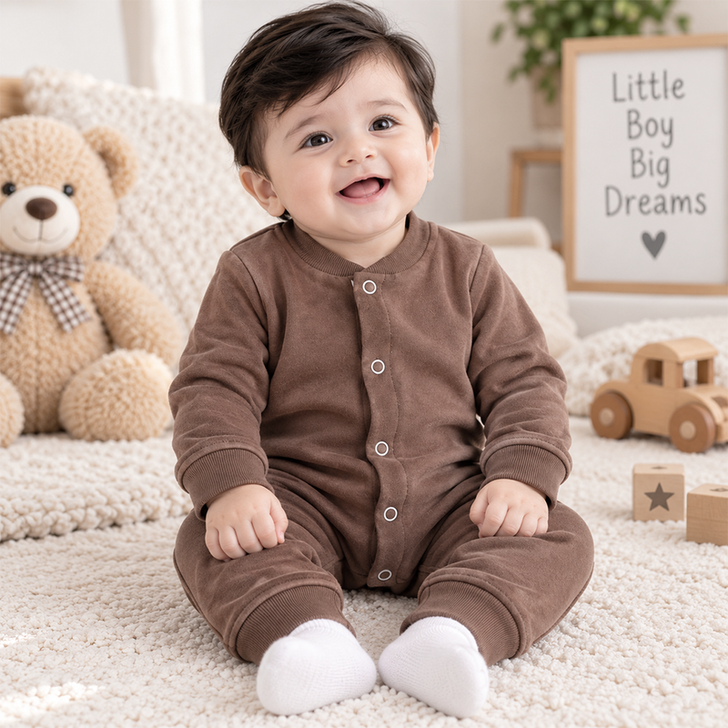 Baby boys winter rompers pack of 3, full sleeve fleece rompers in green, brown, and navy blue for cozy winter wear.