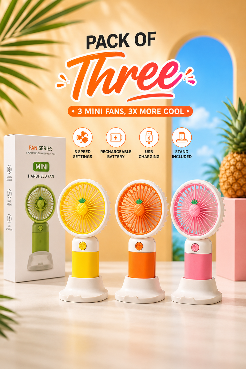 Pack of 3 Mini USB Rechargeable Handheld Fans with Charging Stand | Portable Desk Fans