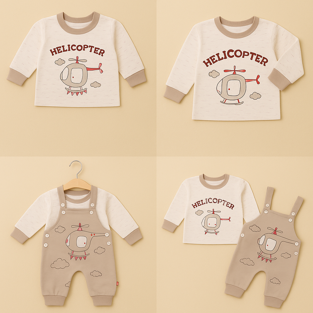 Baby Helicopter Printed Romper Set – Full Sleeve Shirt + Overall | 3 Colors