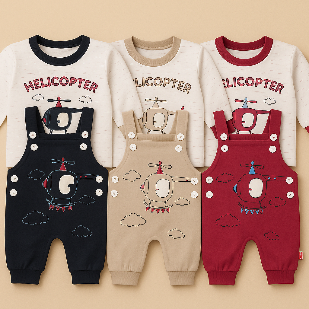 Baby Helicopter Printed Romper Set – Full Sleeve Shirt + Overall | 3 Colors