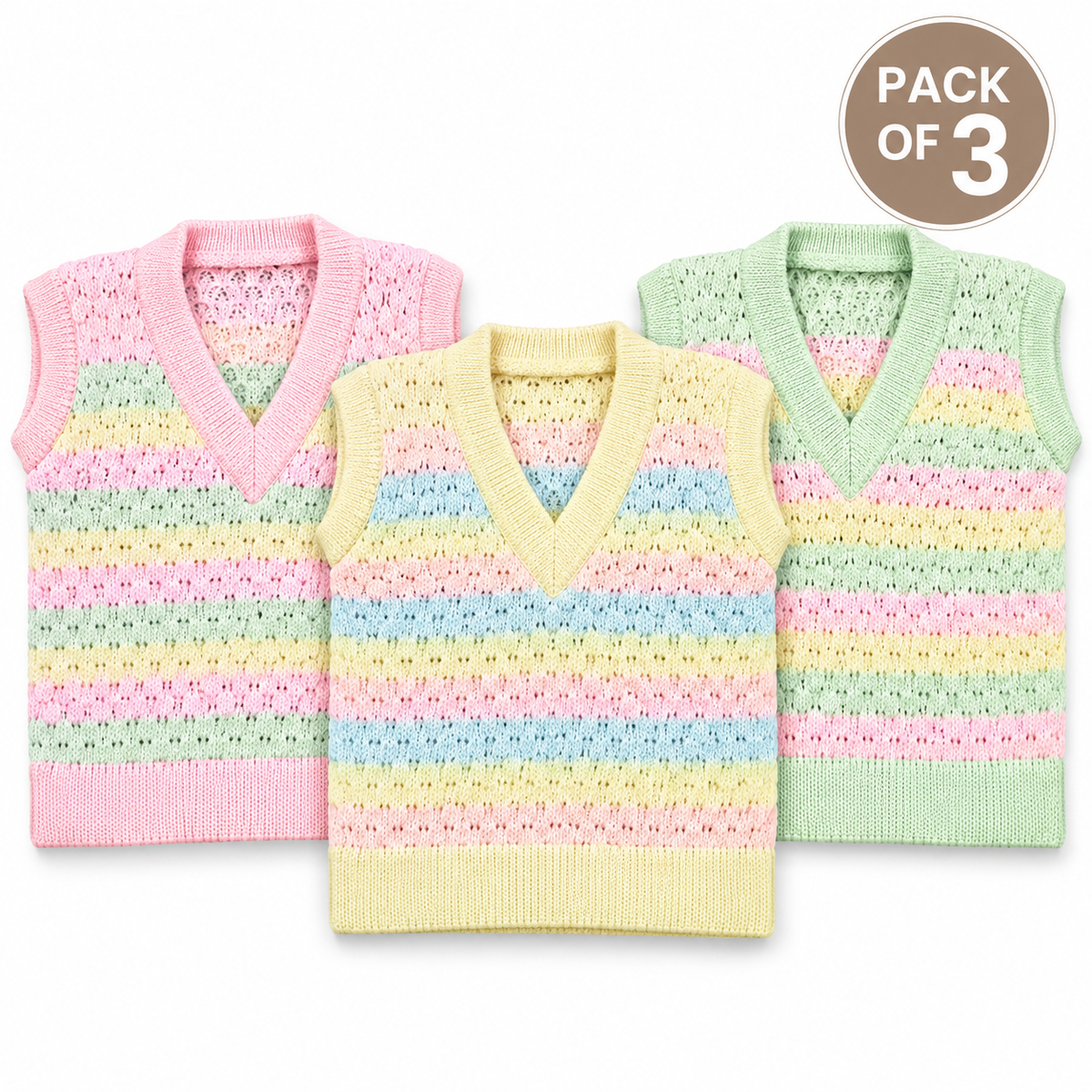 Pack of 3 Baby Pastel Striped Knitted Sweater Vests
