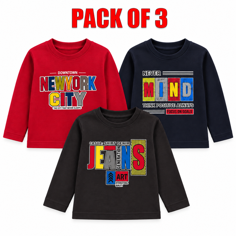 Pack of 3 Kids Full Sleeve T-Shirts – Printed Cotton Sweatshirts