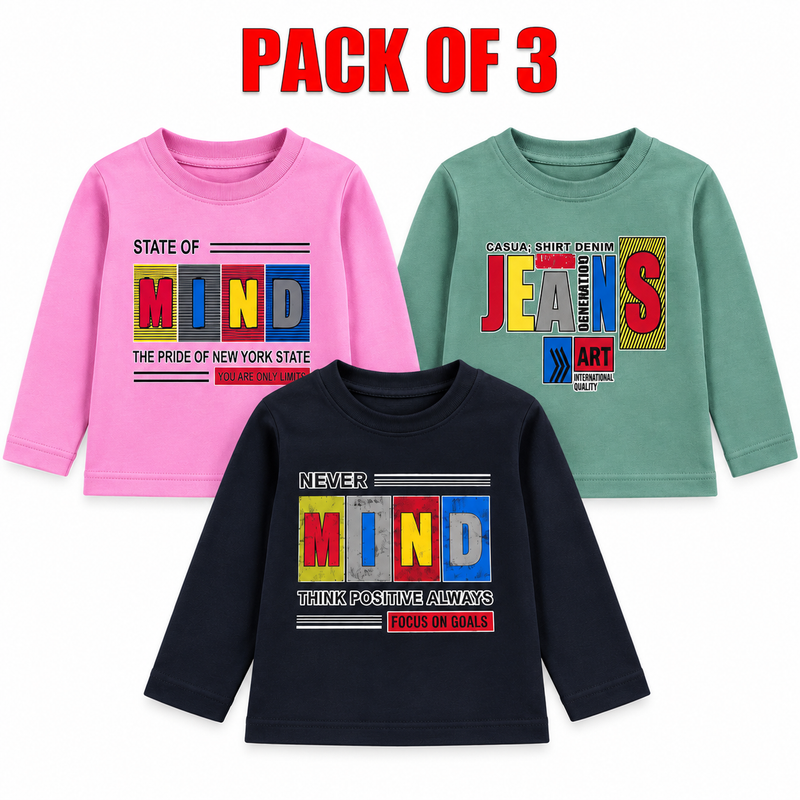 Pack of 3 Kids Full Sleeve T-Shirts – Printed Cotton Sweatshirts