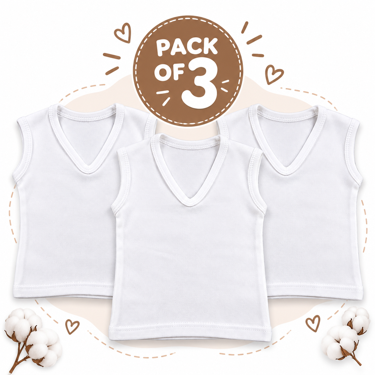 Pack of 3 Baby White Sleeveless V-Neck Cotton Undershirts