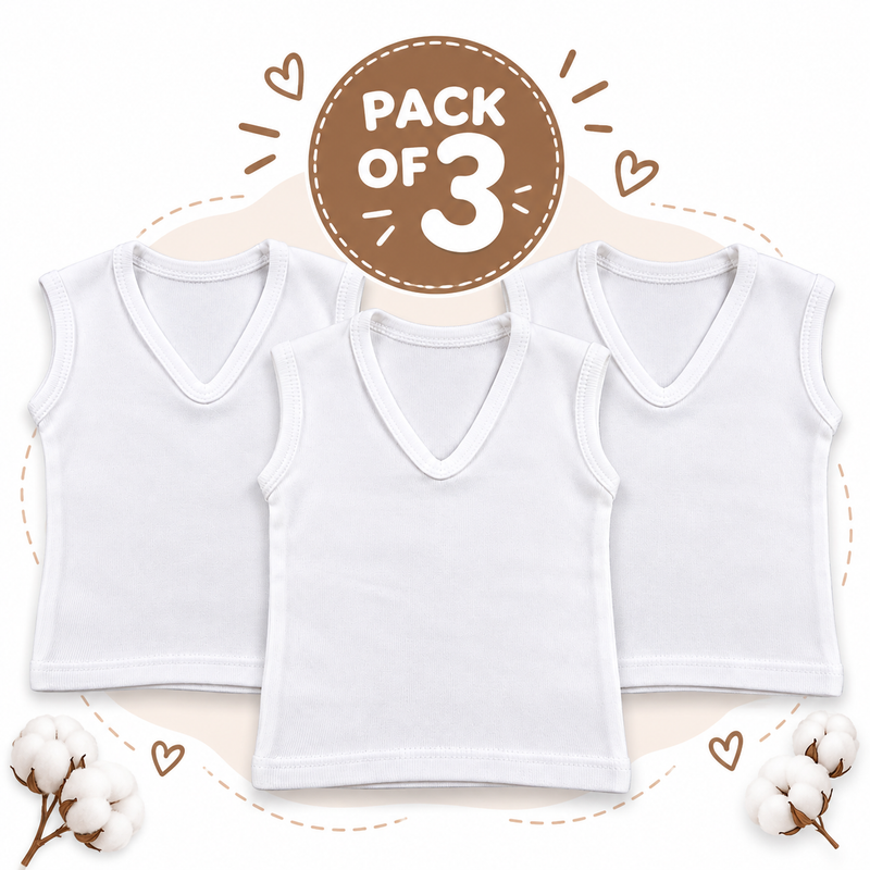 Pack of 3 Baby White Sleeveless V-Neck Cotton Undershirts