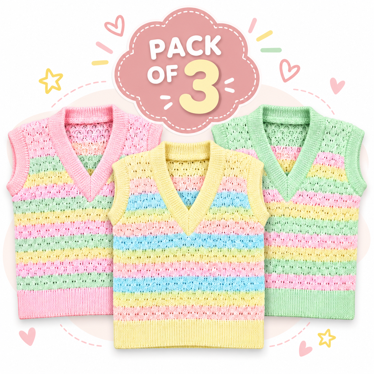 Pack of 3 Baby Pastel Striped Knitted Sweater Vests