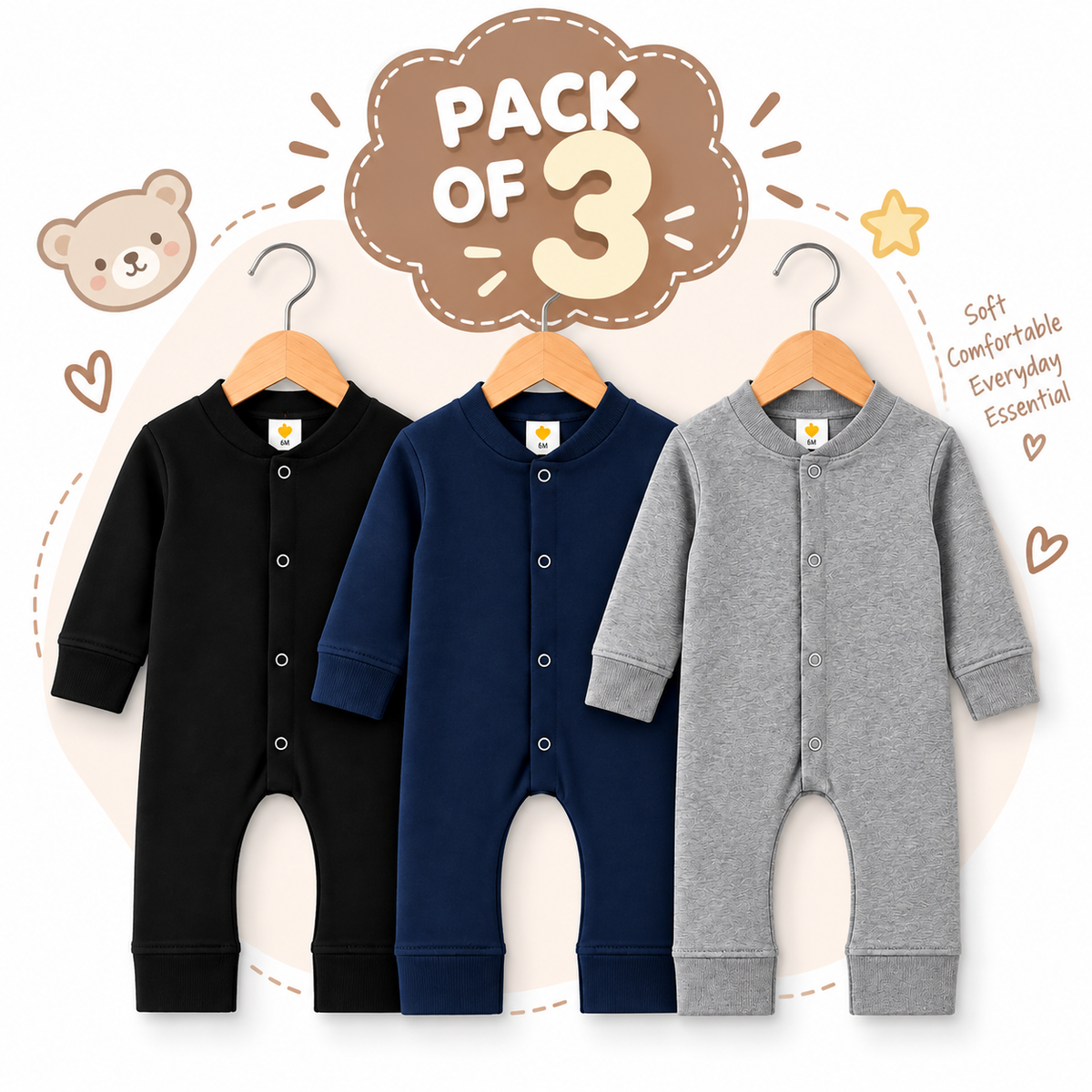 Baby Boys Winter Rompers Pack of 3 – Full Sleeve Fleece Rompers