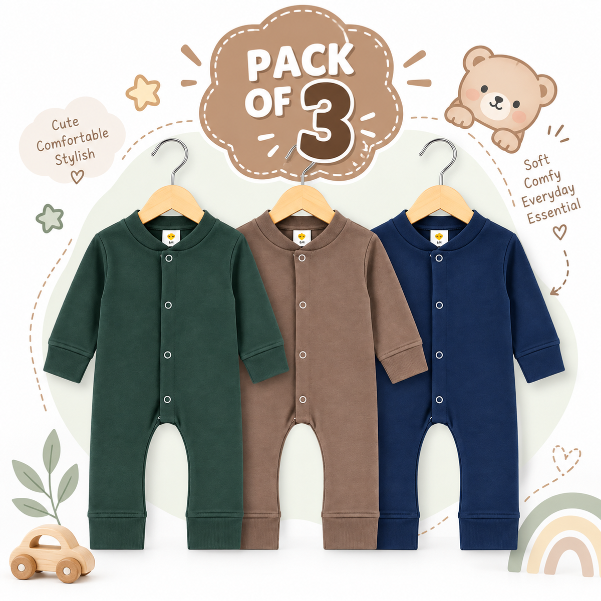 Baby Boys Winter Rompers Pack of 3 – Full Sleeve Fleece Rompers
