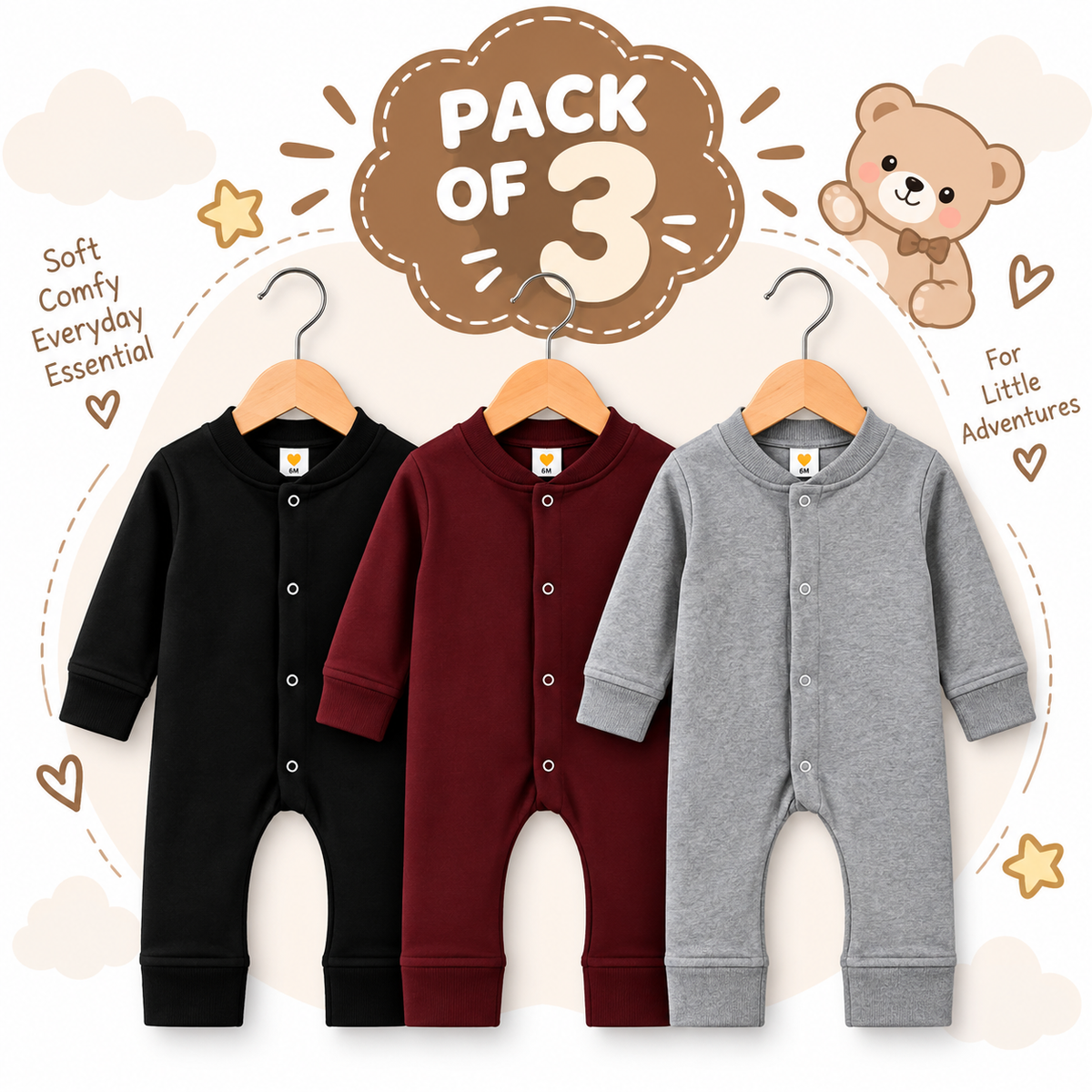 Baby Boys Winter Rompers Pack of 3 Full Sleeve Fleece Rompers