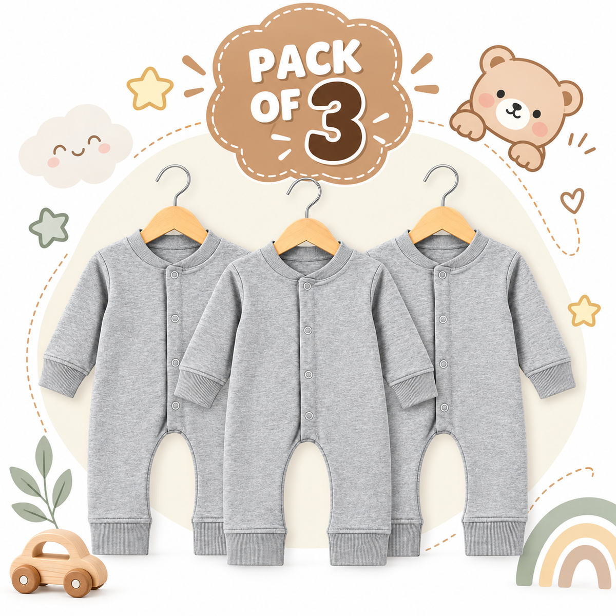 Baby Boys Winter Rompers Pack of 3 Full Sleeve Fleece Romper