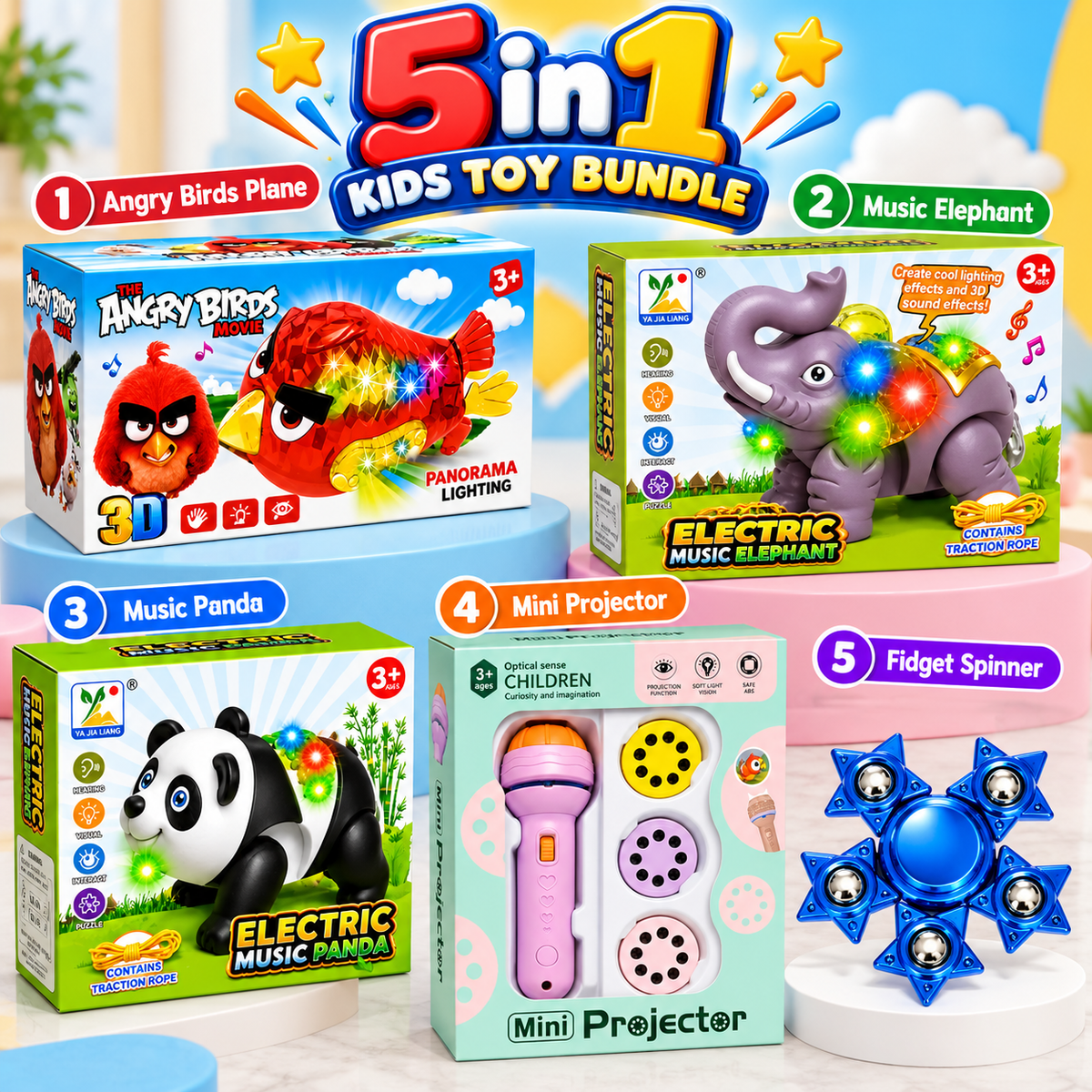 5-in-1 Kids Toy Bundle – Musical Toys, Mini Projector & Fidget Spinner