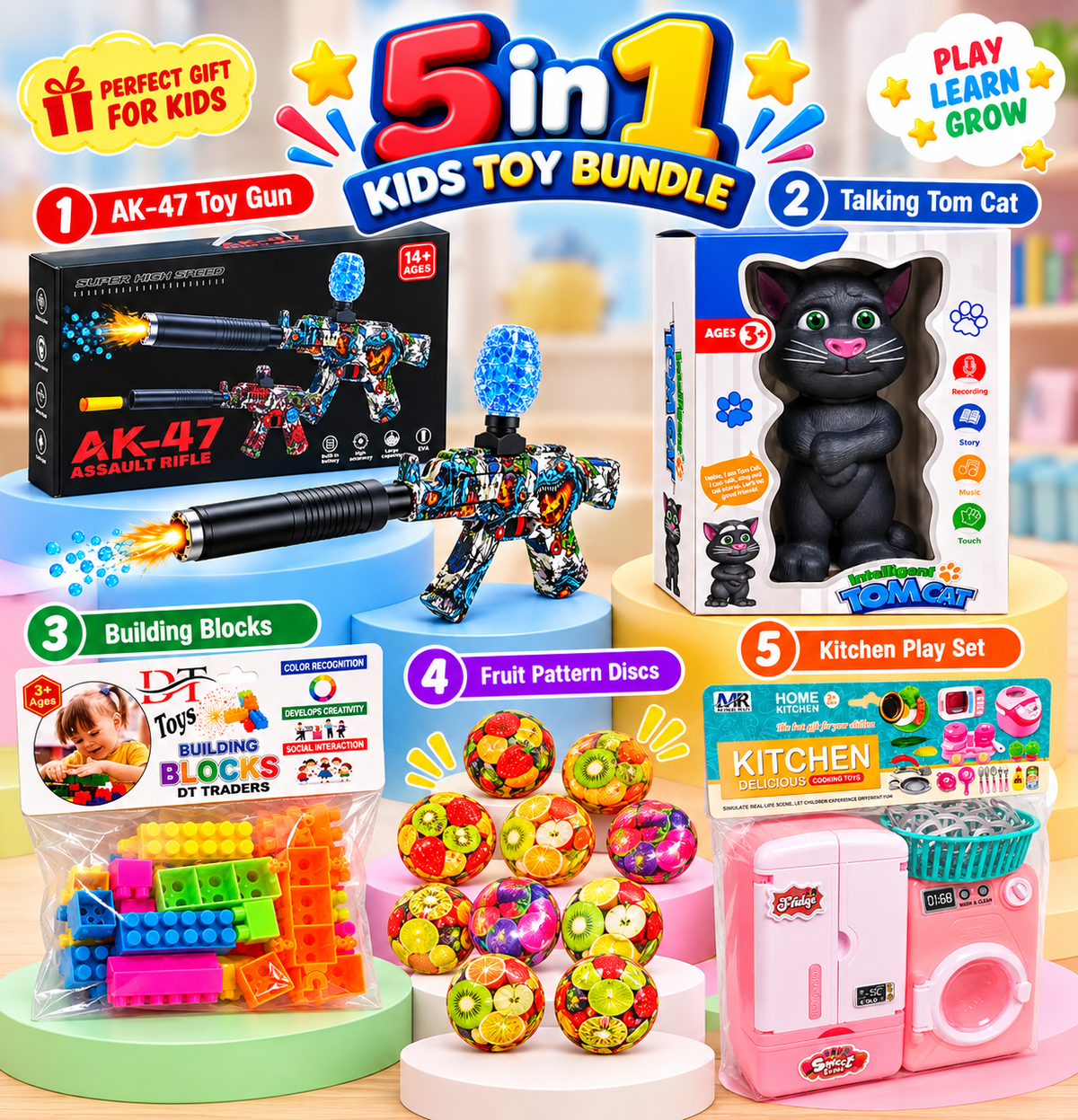5-in-1 Kids Toy Bundle – AK-47 Toy Gun, Talking Tom Cat, Building Blocks, Fruit Pattern Balls & Kitchen Play Set