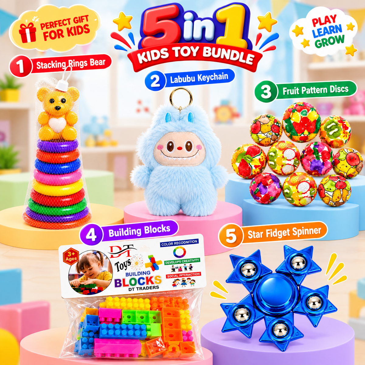 5-in-1 Kids Fun & Learning Toy Bundle – Stacking Rings, Plush Keychain, Fruit Discs, Building Blocks & Fidget Spinner