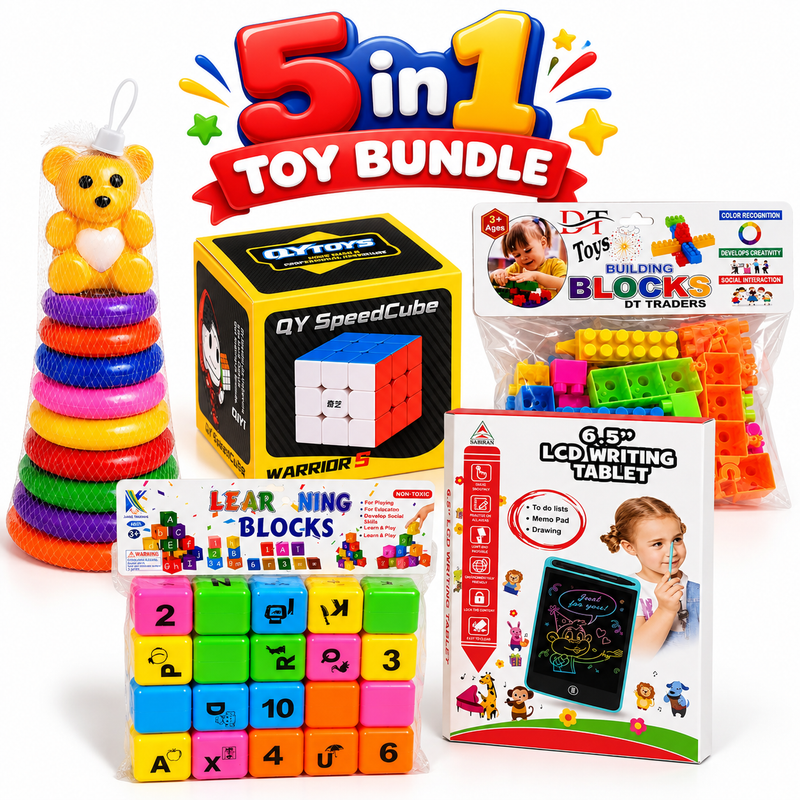 5-in-1 Girls Toy Bundle – Princess Makeup Set, Building Blocks, Glitter Jars & LCD Writing Tablet