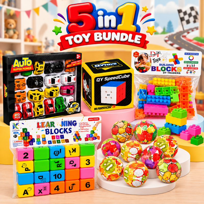 5-in-1 Kids Toy Bundle – Toy Cars, Speed Cube, Building Blocks, Learning Blocks & Bouncy Balls