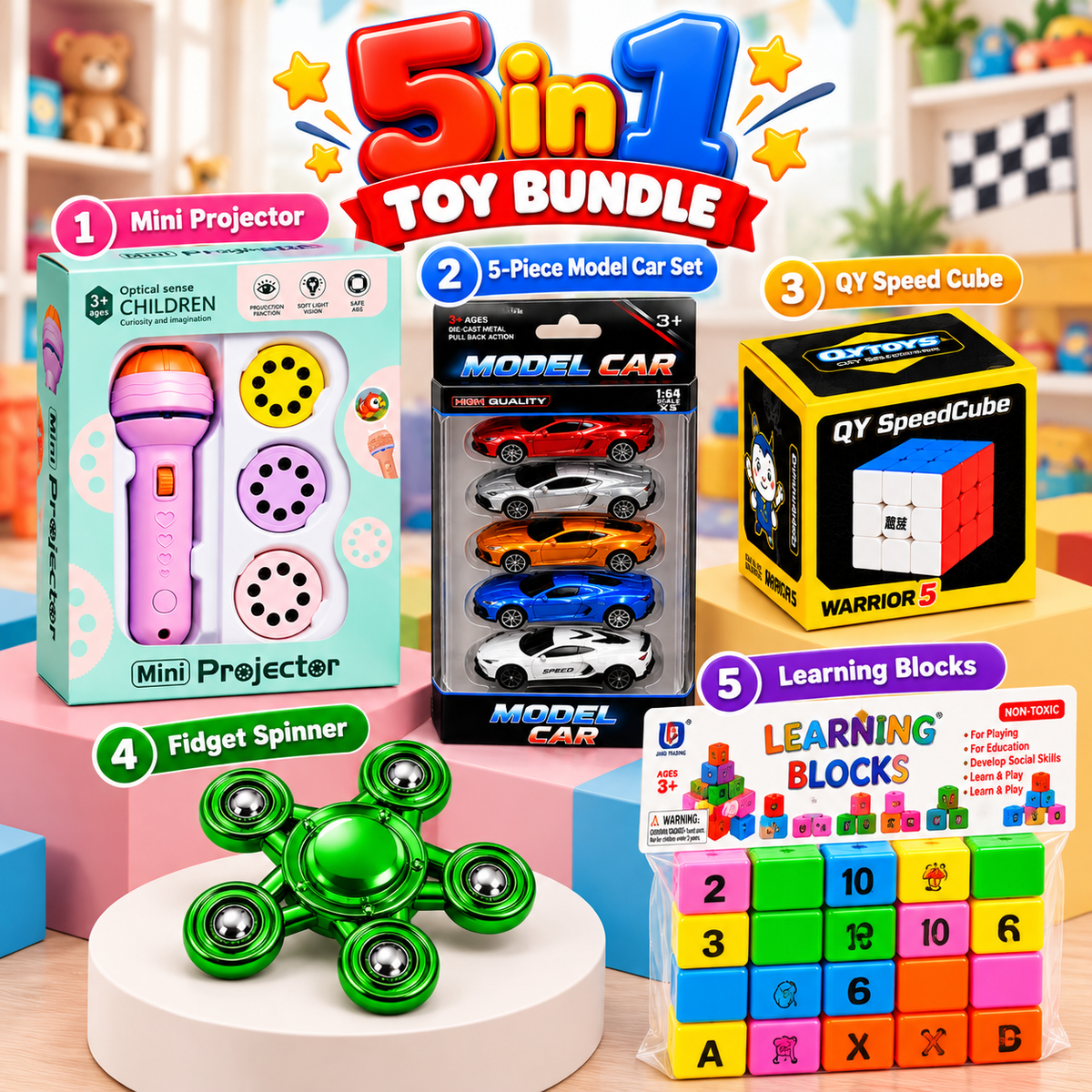 5-in-1 Kids Toy Bundle – Mini Projector, Model Cars, Speed Cube, Fidget Spinner & Learning Blocks
