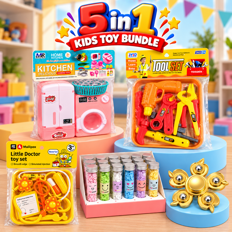 5-in-1 Kids Toy Bundle – Kitchen Set, Tool Set, Doctor Set, Craft Bottles & Fidget Spinner