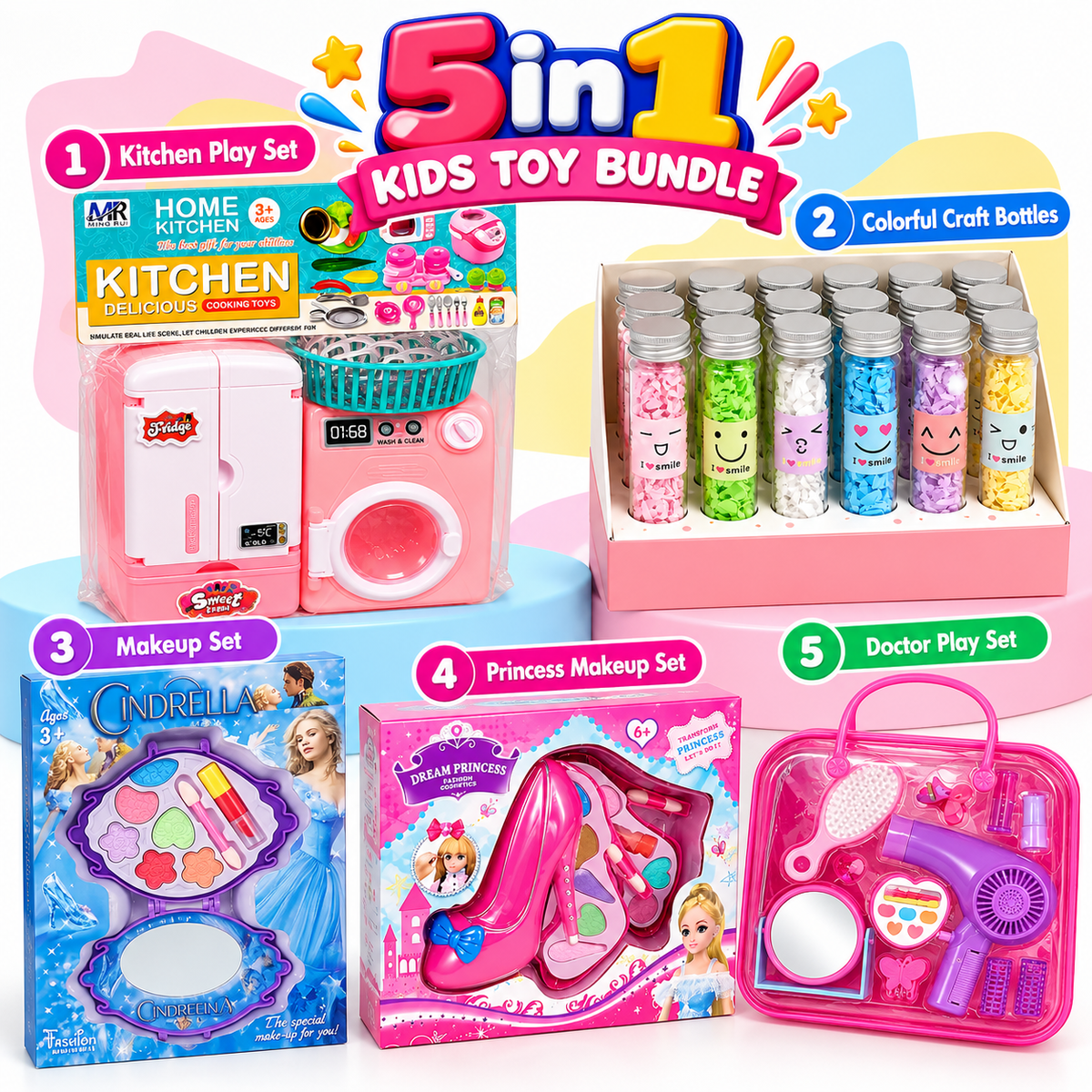 5-in-1 Kids Toy Bundle – Kitchen Set, Tool Set, Doctor Set, Craft Bottles & Fidget Spinner