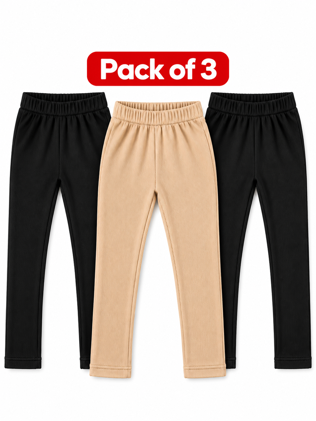 Pack of 3 Kids Ribbed Leggings  2 Black & 1 Skin Soft & Stretchy Trousers