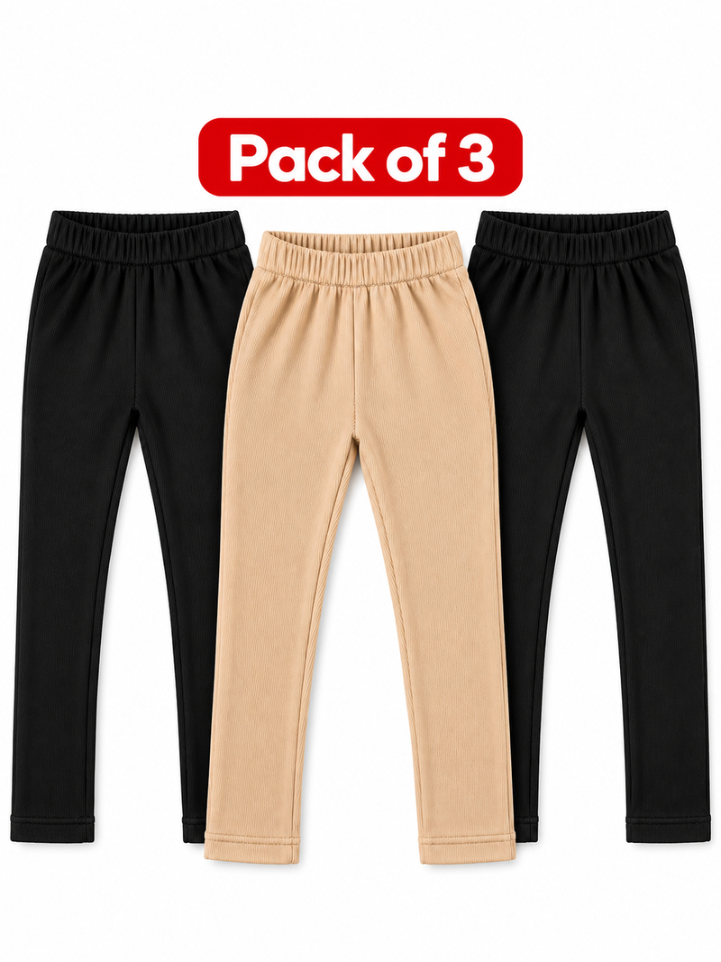 Pack of 3 Kids Ribbed Leggings  2 Black & 1 Skin Soft & Stretchy Trousers