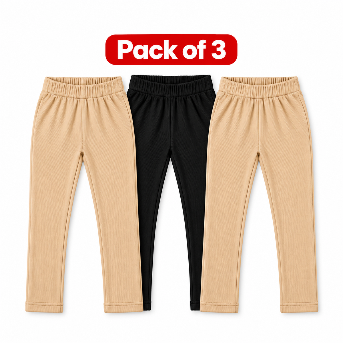 Pack of 3 Kids Ribbed Leggings – 1 Black &  2Skin Soft & Stretchy Trousers