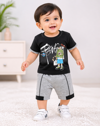 Little Minors kids summer T-shirt and shorts set with a black tee and grey shorts, casual and stylish for warm weather.