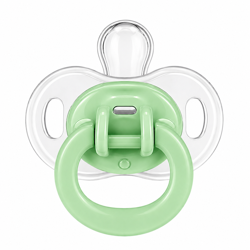 Little Minors baby pacifier with silicone soothers, BPA-free and safe for infants, shown in a close-up image.