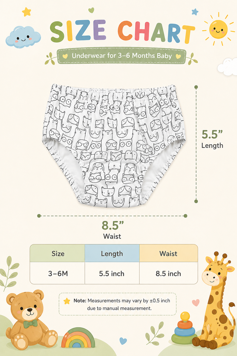 Kids cotton underwear pack of 3 and 6 by Little Minors, soft, breathable toddler panties for boys and girls, shown in various colors.