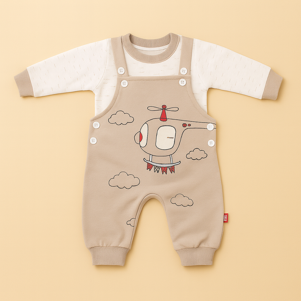 Baby Helicopter Printed Romper Set – Full Sleeve Shirt + Overall | 3 Colors