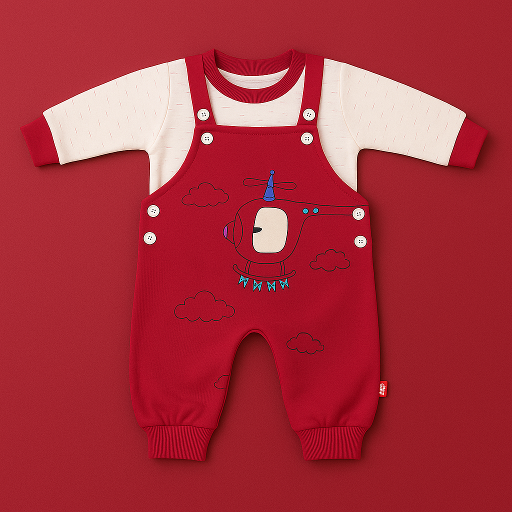 Baby Helicopter Printed Romper Set – Full Sleeve Shirt + Overall | 3 Colors