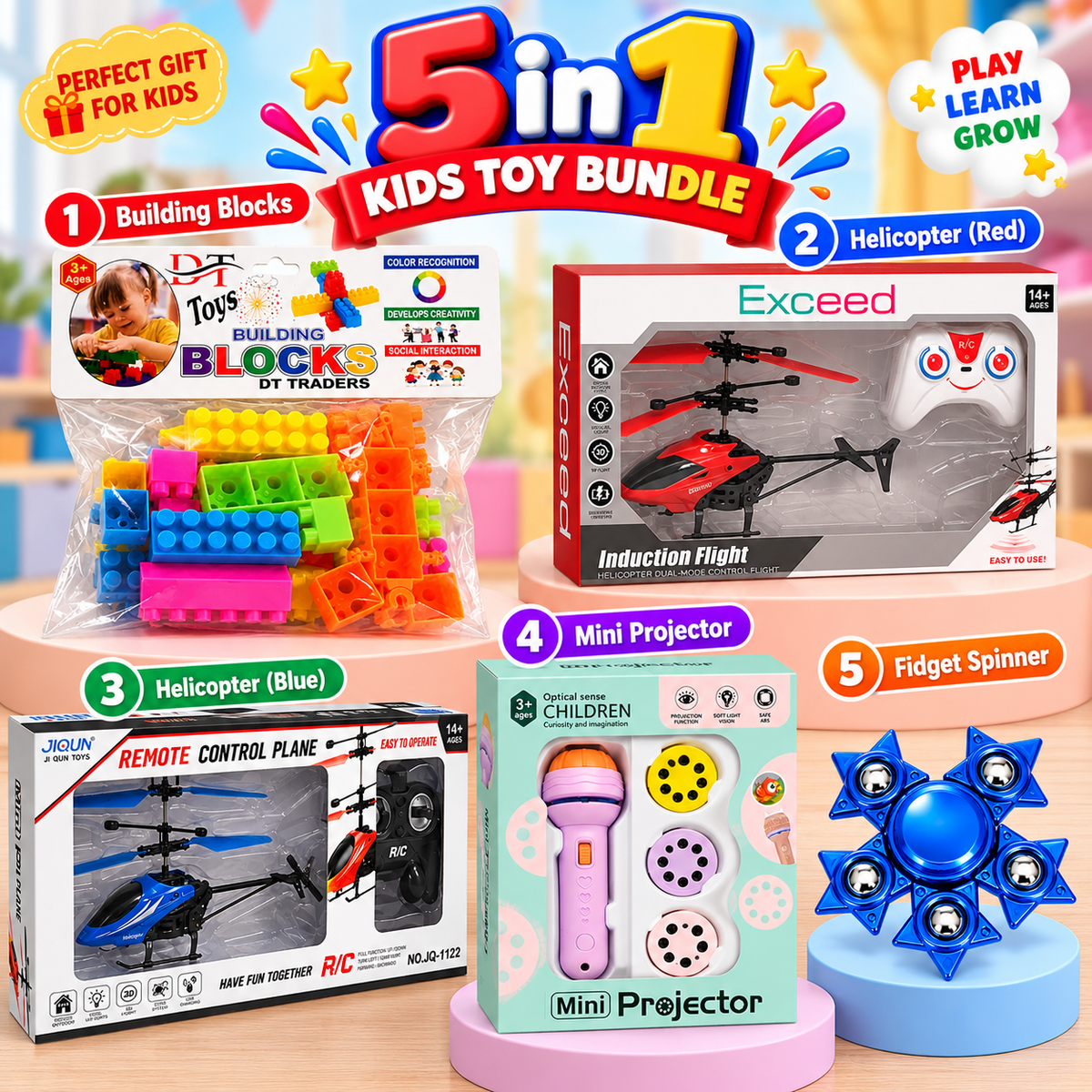 5-in-1 Kids Toy Bundle – Building Blocks, RC Helicopters, Mini Projector & Fidget Spinner