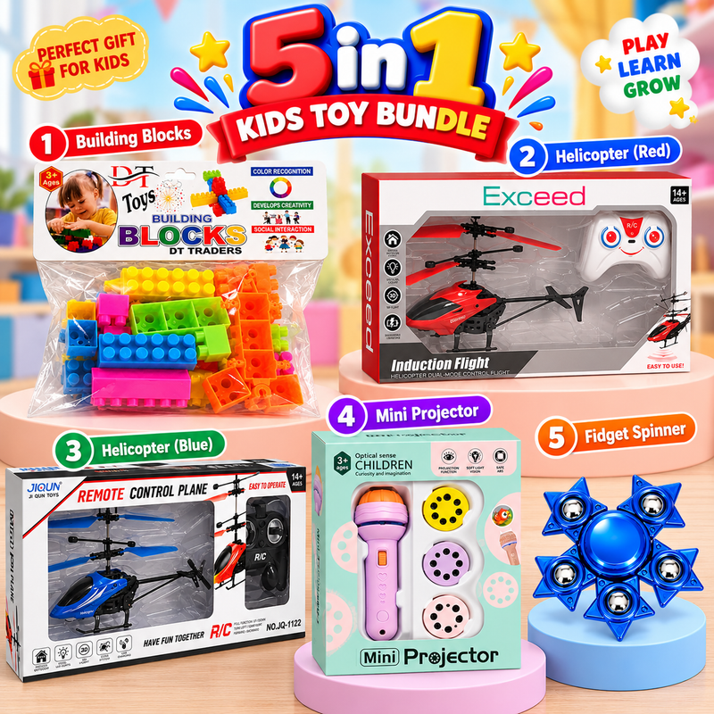 5-in-1 Kids Toy Bundle – Building Blocks, RC Helicopters, Mini Projector & Fidget Spinner