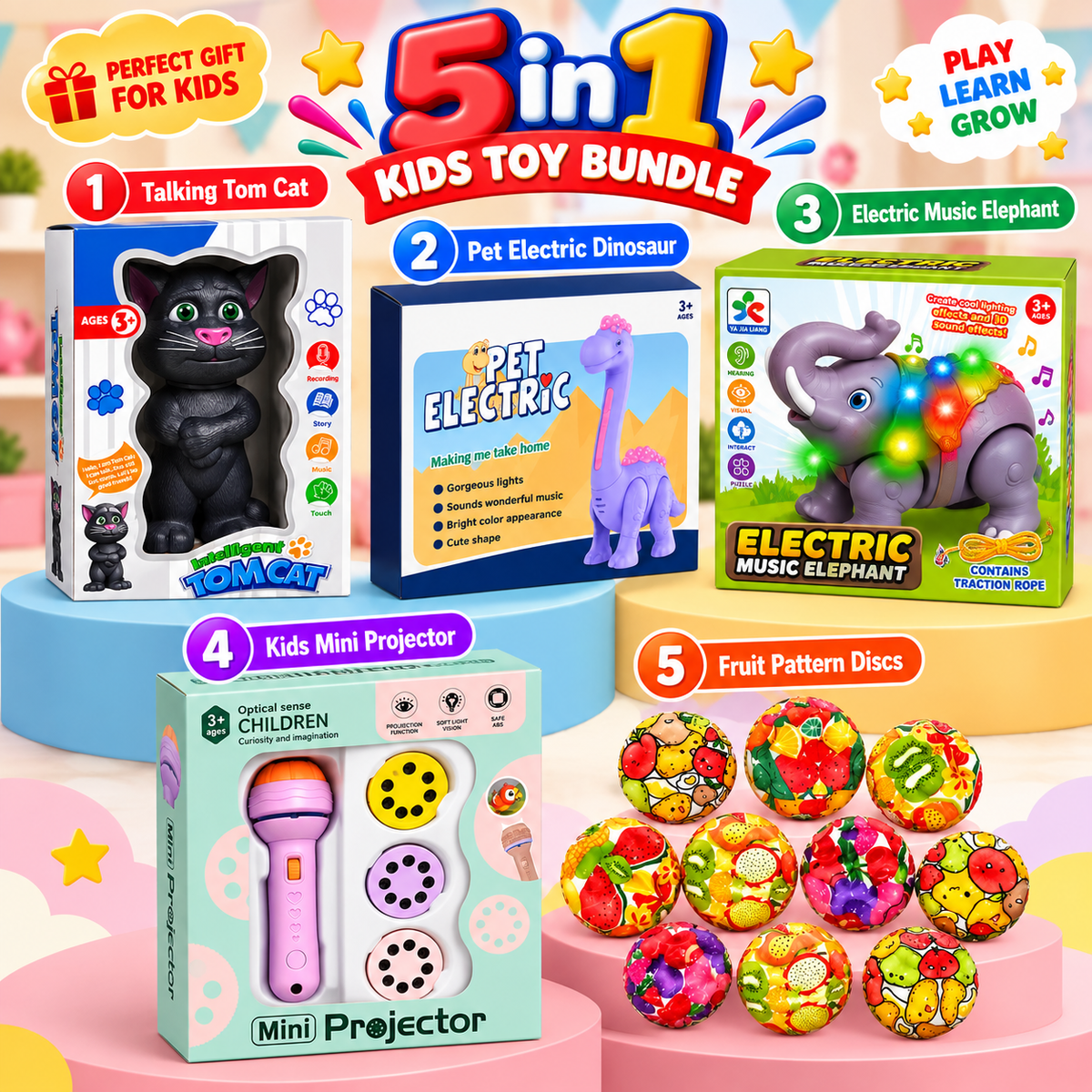 5-in-1 Kids Toy Bundle – Talking Tom, Electric Dinosaur, Elephant, Mini Projector & Fruit Toys