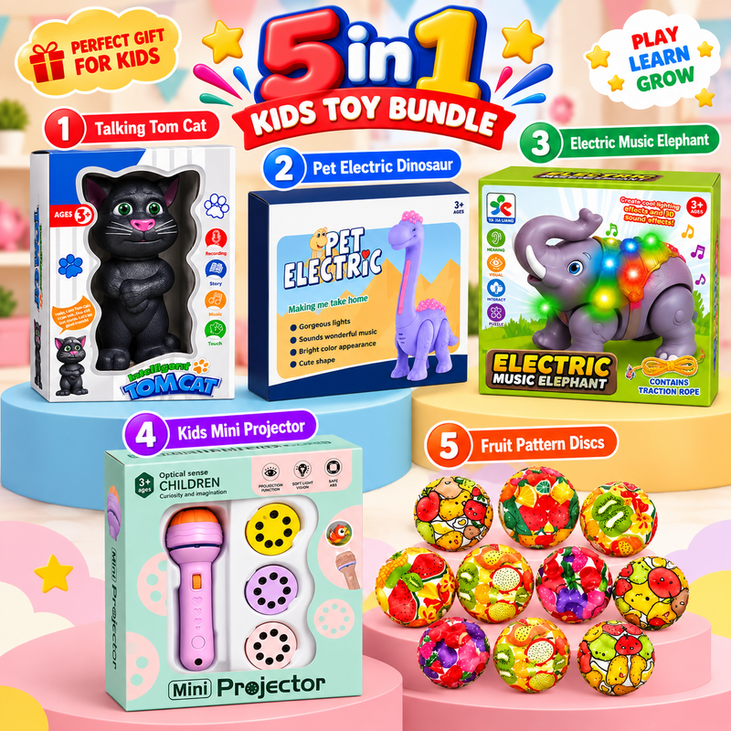 5-in-1 Kids Toy Bundle – Talking Tom, Electric Dinosaur, Elephant, Mini Projector & Fruit Toys