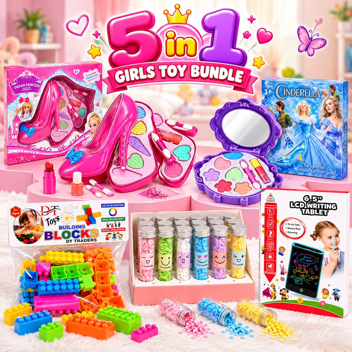 5-in-1 Girls Toy Bundle – Princess Makeup Set, Building Blocks, Glitter Jars & LCD Writing Tablet