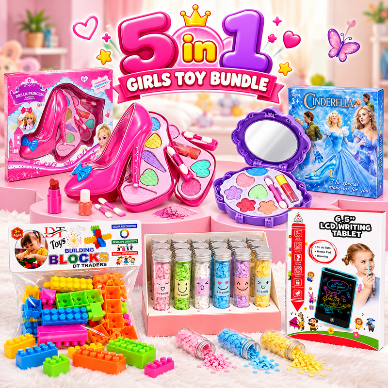 5-in-1 Girls Toy Bundle – Princess Makeup Set, Building Blocks, Glitter Jars & LCD Writing Tablet