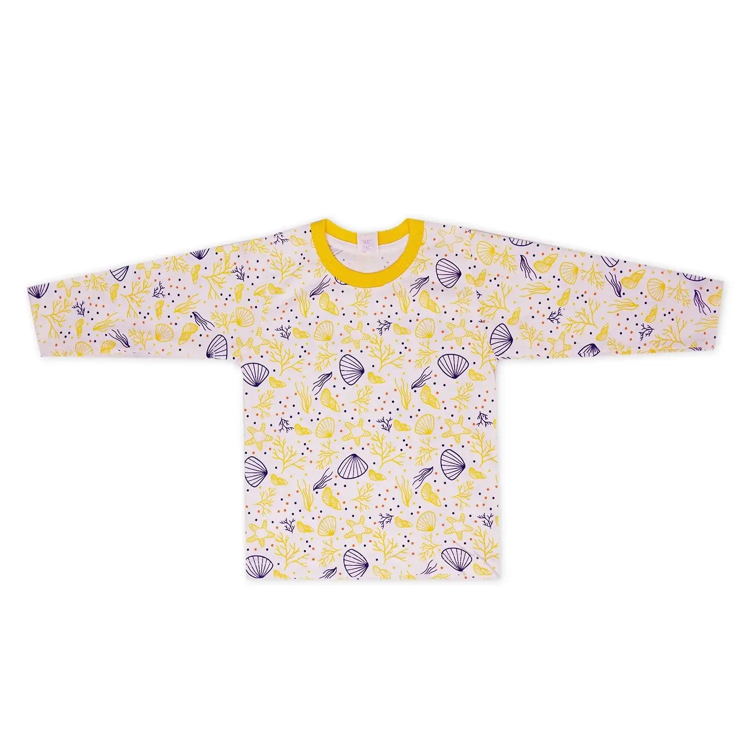 Kids Night Set – Soft yellow sleepwear top with playful shell and flower pattern for comfortable sleep in Pakistan | Little Minors.