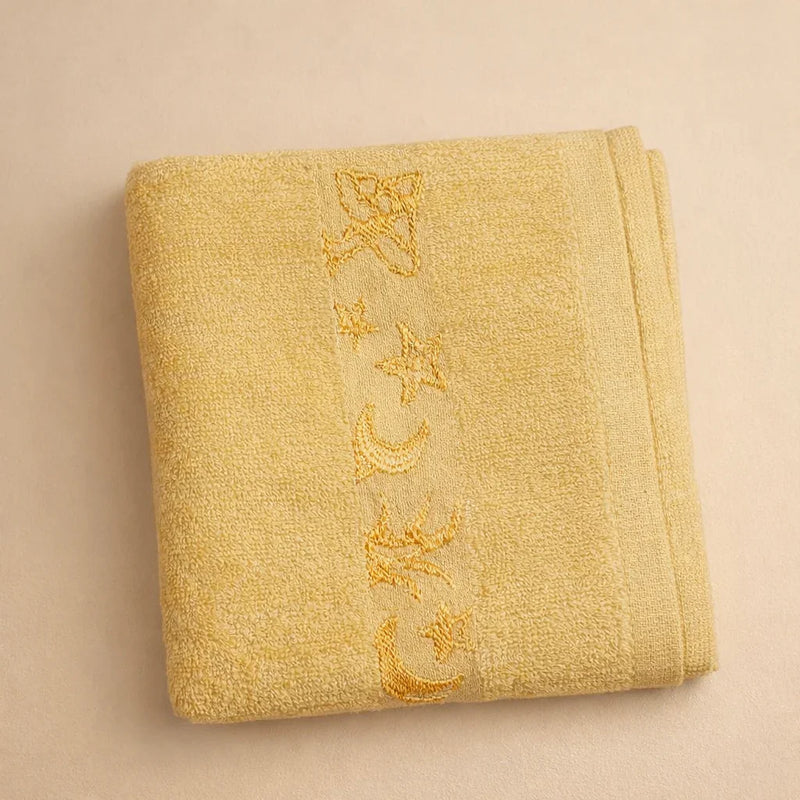 Soft gold towel with embroidered moon and stars, kids embroidered bath towel