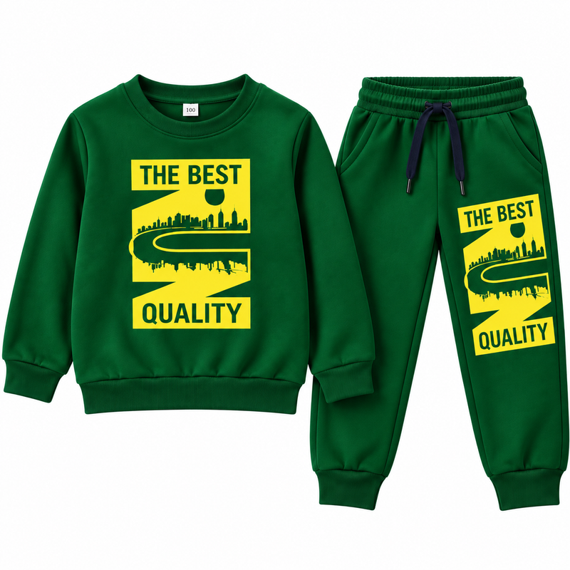 Kids Fleece Tracksuit  Warm Printed Winter Sweatshirt & Trouser Set Green