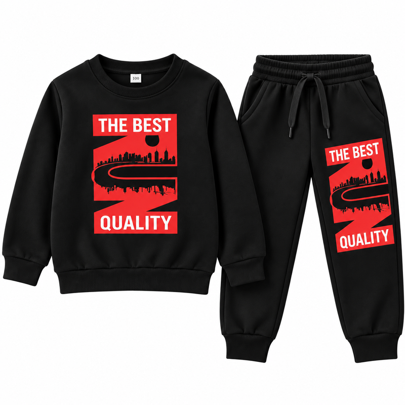 Kids Fleece Tracksuit  Warm Printed Winter Sweatshirt & Trouser Set Black