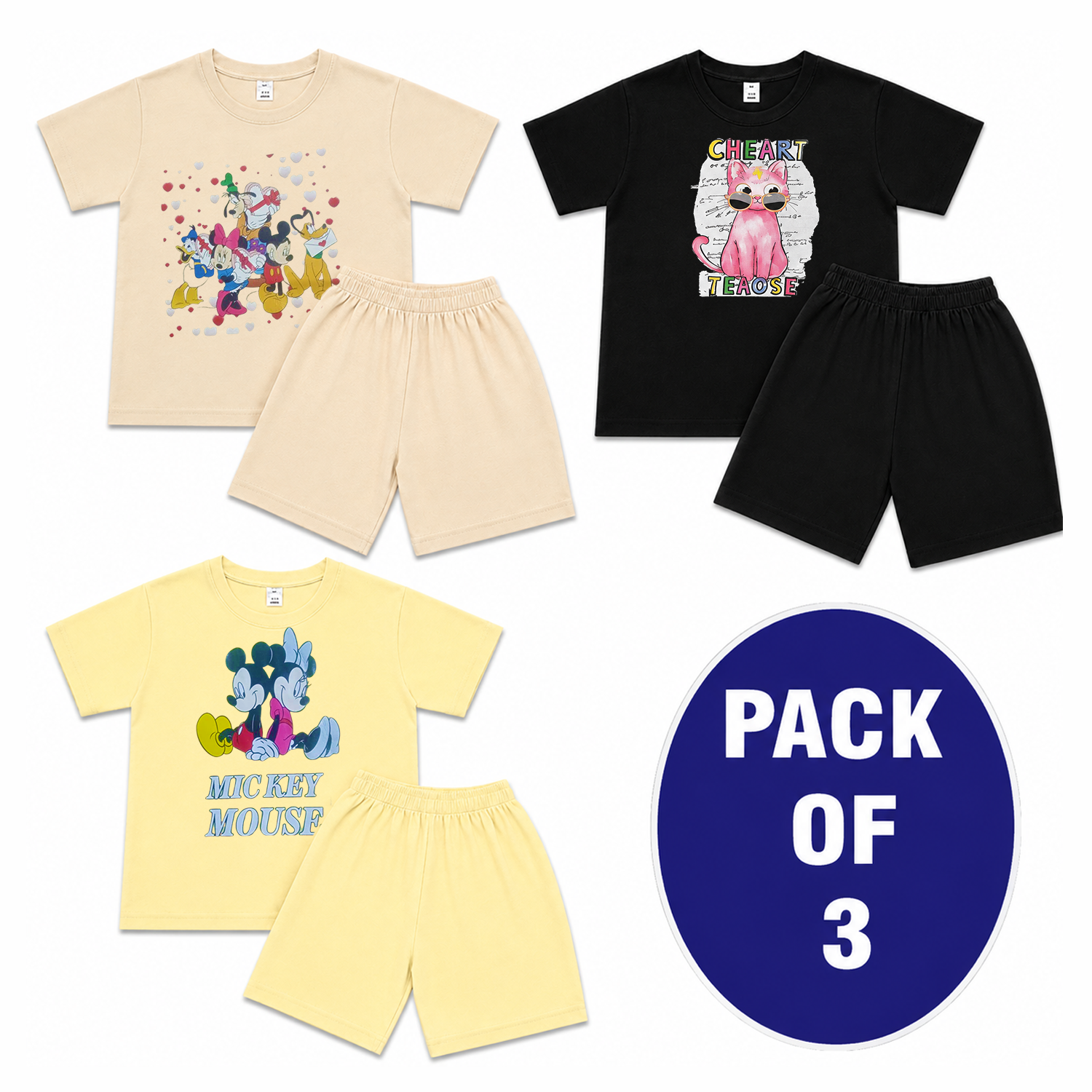 Pack of 3 Kids Summer Nicker Shirt Set – Soft Cotton T-Shirt & Shorts Outfit for Boys & Girls