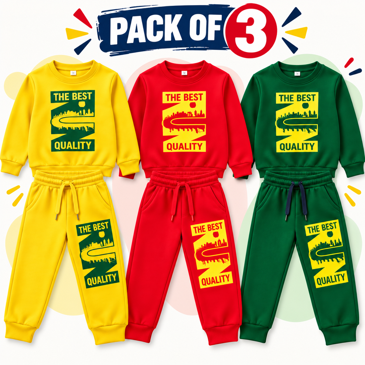 Kids Fleece Tracksuit Pack of 3 – Warm Printed Winter Sweatshirt & Trouser Set - hover image