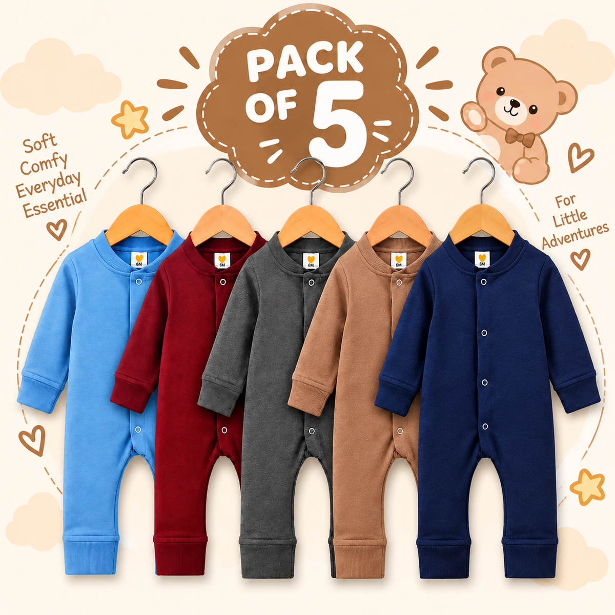 Baby Boys Winter Rompers Pack of 5 Full Sleeve Fleece Rompers